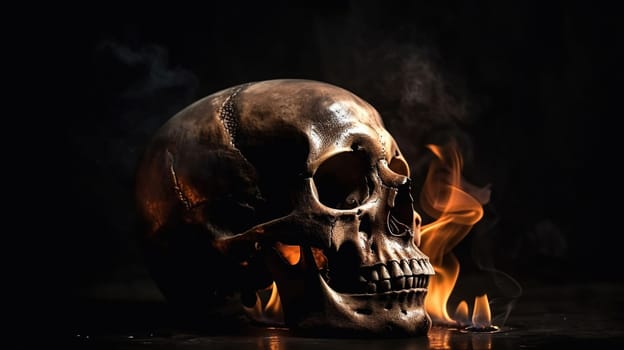 Skull burned in fire in dark Halloween night. Concept of Halloween, generative ai