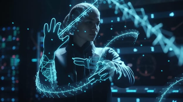 Medicine doctor holding blue helix DNA structure on hologram modern virtual screen interface and diagnose healthcare on digital network, Science, Medical technology, futuristic concept, generative ai