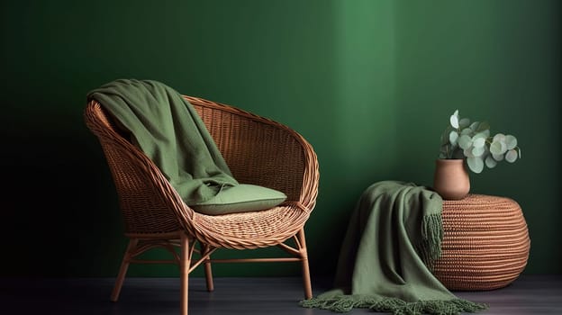 Comfortable wicker armchair with plaid and table near green wall, generative ai