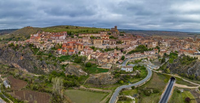 Aerial view of the medieval village of Sepulveda in the community of Castilla Leon, Spain.
