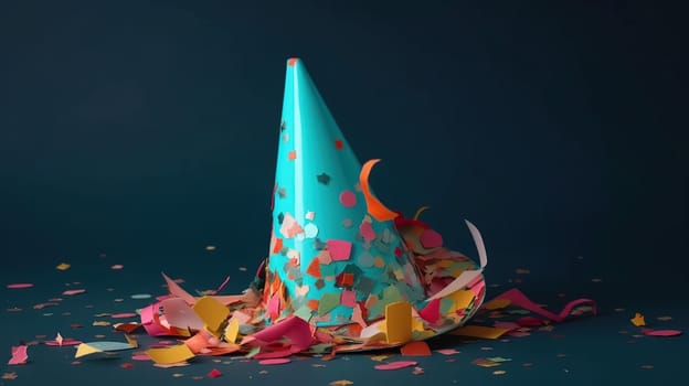 Colored confetti and party hat on blue background, generative ai