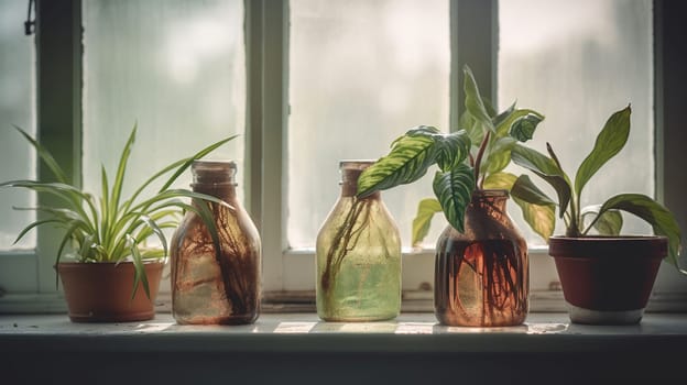 Wilted houseplants on windowsill in room, generative ai