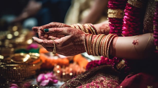 Details of traditional indian wedding. Beautifully decorated hindu wedding accessories. Indian marriage traditions, generative ai