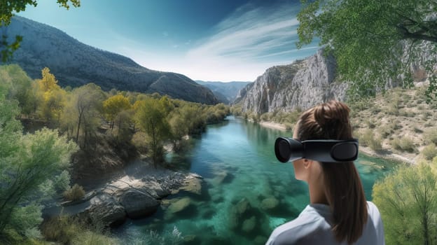 Woman viewing a beautiful natural panorama with river in VR, virtual travel concept, generative ai