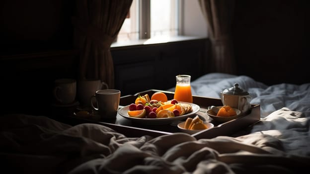 Breakfast in bed. Window light, generative ai