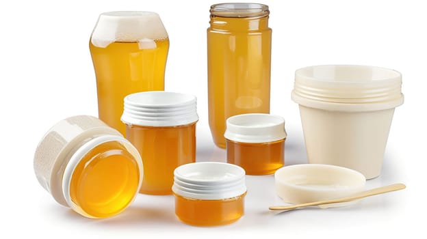 Honey jars, cups and dippers set isolated on white background. Generative ai