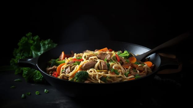 Stir fry noodles with vegetables and beef in black bowl. Slate background. Copy space. generative ai