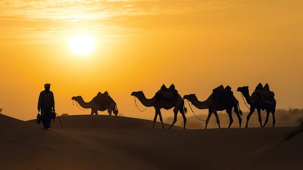 Indian cameleers bedouin with camel silhouettes in sand dunes of Thar desert on sunset. Caravan in Rajasthan travel tourism background safari adventure. Jaisalmer, Rajasthan, India, generative ai