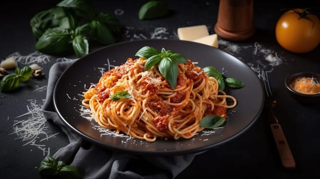 Tasty appetizing classic italian spaghetti pasta with tomato sauce, cheese parmesan and basil on plate, generative ai
