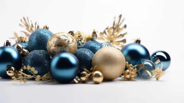 This photo features a beautiful display of blue and gold Christmas decorations arranged on a crisp white background, providing ample space for custom text.