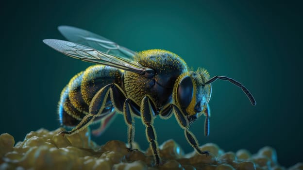 This stunning macro photo captures the intricate details of a bee's iridescent scales as it rests on a reflective surface. The play of light and shadow creates a mesmerizing effect that draws the viewer in.