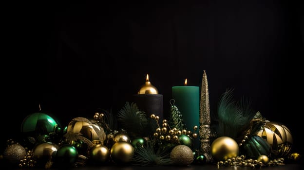 This 8k photo features a festive display of green and gold Christmas decorations against a black background, with ample space for text or other graphics. The shiny and glittery ornaments, along with the evergreen branches, create a visually stunning backdrop that's perfect for holiday designs.