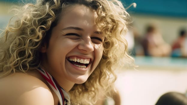 This vibrant and raw photograph captures the spirit of the 80s surf culture, featuring a surfer girl in her 20s laughing and posing dynamically in a crowded skate bowl. Shot on Kodak 35mm film, the image exudes a vintage charm with its photorealistic quality and Polaroid-style presentation. The girl's blonde curly hair, carefree expression, and rebellious spirit reflect the youthful energy and joie de vivre of the era. The Agfa film grain further enhances the retro feel of the photo, taking us back in time to the golden age of surfing and skating.