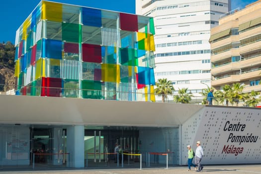 Malaga, Spain, April 2023: View on the Centre Pompidou entrance in Malaga, Spain