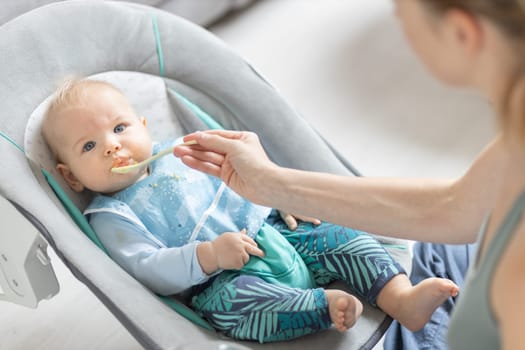 Mother spoon feeding her baby boy child in baby chair with fruit puree. Baby solid food introduction concept