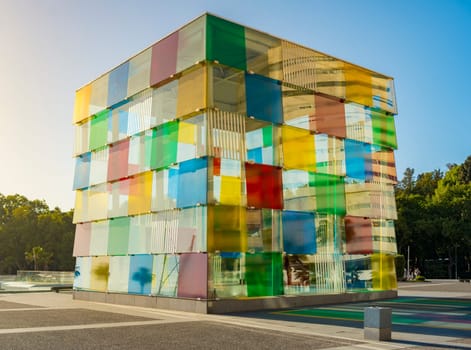 Malaga, Spain, April 2023: View on the Centre Pompidou colorful cube architecture by Daniel Buren. Location: Marina of Malaga, Spain