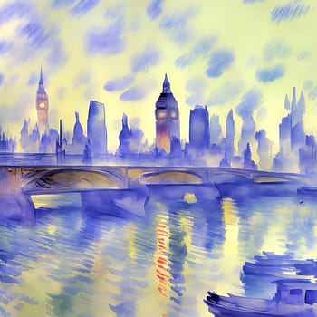 Watercolor AI generated, Westminster Bridge over Thames River, Big Ben clock tower.