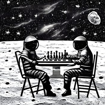 Two astronauts seated in modern chairs seats about to start a game of chess on the moon with the Earth in the background. Black and white AI generated.