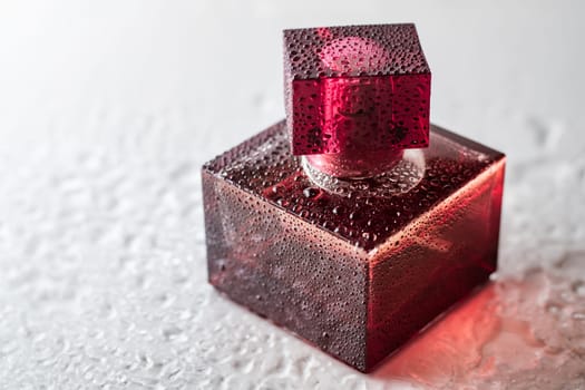 Pink burgundy square perfume bottle on a glossy surface with water drops. Eau de Toilette. Copy space
