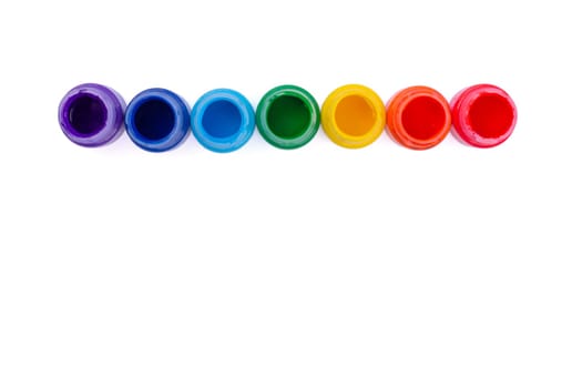 Jars with rainbow colors isolated on white background. Top view