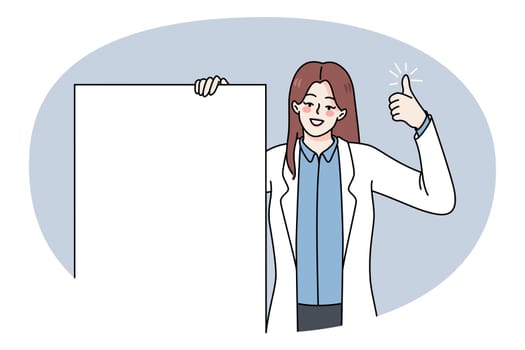 Smiling woman doctor hold blank empty banner for advertising show thumbs up. Happy female nurse demonstrate mockup paper recommend medical deal. Copy space. Vector illustration.