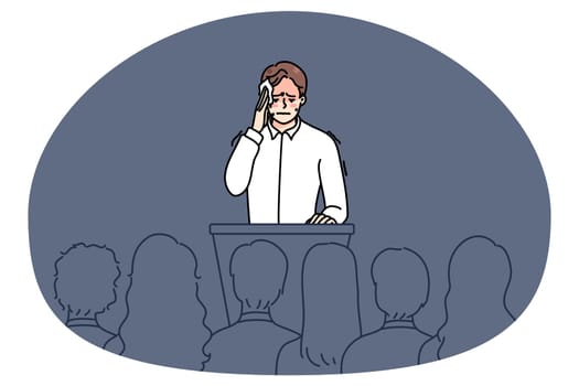 Nervous man feel stressed speaking in front of public. Anxious worried male speaker sweat with pain and anxiety on stage. Concept of audience fear. Flat vector illustration.