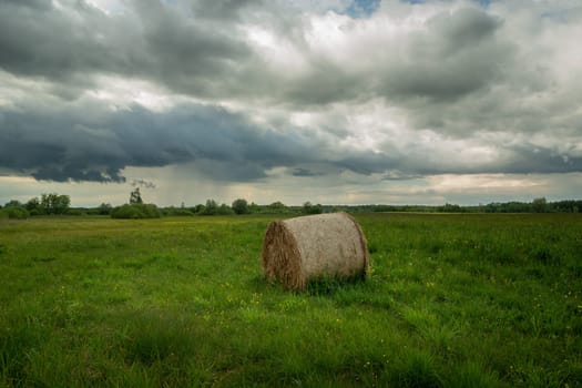 Hay bale in meadow and cloudy sky, spring day