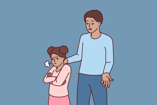African American man comforts offended preteen girl after argument or punishment due to bad grades in school. Offended child turned away from father who does not want to spend time together