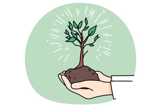 Person holding in hands tree in ground show care about nature and environment. Man with seedling in soil engaged in gardening or greenery hobby. Planet safety and protection. Vector illustration.