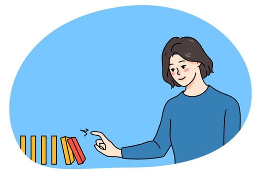 Young woman touch toppling make domino fall. Happy female playing game. Challenge and risk. Domino effect concept. Flat cartoon character, vector illustration.