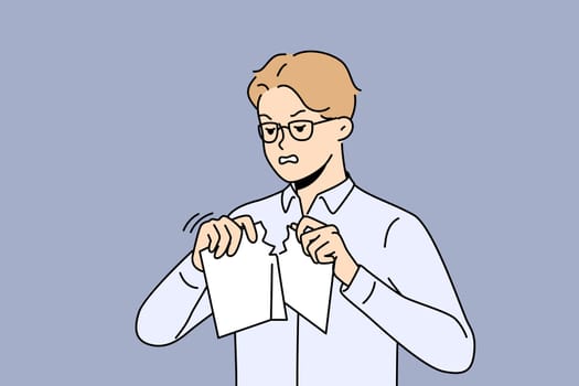 Angry businessman tear paper document distressed with business failure. Stressed male employee rip paperwork frustrated with crisis. Vector illustration.