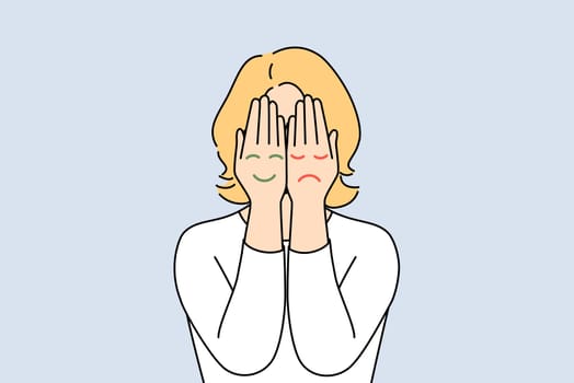 Woman cover face with hands with emojis of different mood states. Female suffer from bipolar disorder or mood swings. Psychological problem. Vector illustration.