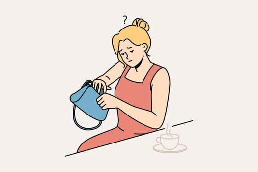 Frustrated woman sit in cafe feel anxious look for lost item in handbag. Worried female search for keys in wallet or purse in coffee shop. Vector illustration.
