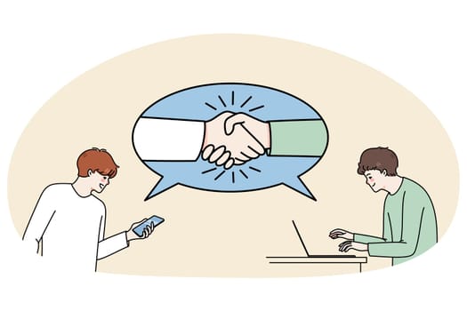 Businessmen work online on computers close deal. Business partners or clients handshake make agreement on gadget on internet. Remote job and freelance concept. Vector illustration.