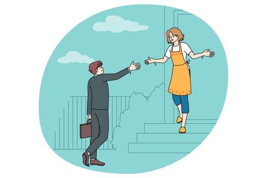 Happy woman stand on stairs meet husband coming home from work. Smiling housewife welcome man lover in own beautiful house. Couple and family relationship. Vector illustration.
