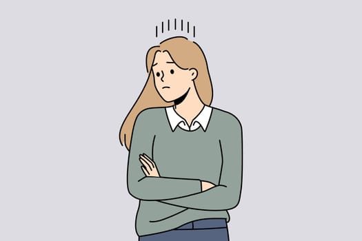 Unhappy woman look in distance thinking and brainstorming. Distressed girl feel upset and frustrated frowning and worrying. Vector illustration.