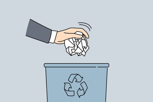 Man hand put paper in trash bin. Closeup of male throw crumpled paperwork in garbage container. Concept of recycling and waste sorting. Vector illustration.
