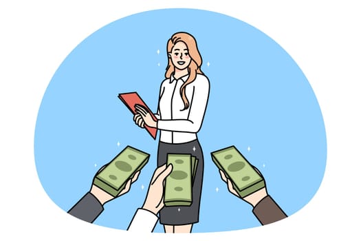 Diverse businesspeople with money in hands offer funding to successful businesswoman. Female employee receive finances from investors or bankers. Economy and budget. Vector illustration.