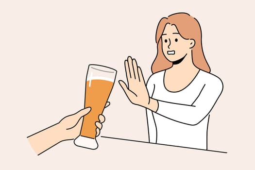 Woman refuse from extra glass of beer at bar. Decisive girl say no to alcoholic drink and excessive alcohol consumption. Addiction problem. Vector illustration.