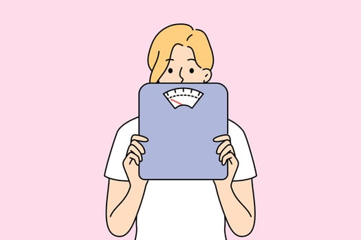 Woman holding scales in hands worried about body weight and figure. Female with weighing scales anxious about diet and weightloss. Vector illustration.