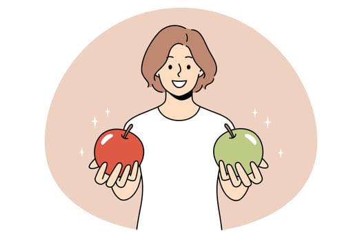 Choosing and getting decision concept. Young woman standing and holding green and red apple in hands offering to choose vector illustration