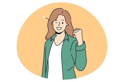 Power success and positive emotions concept. Smiling woman standing showing fist meaning success luck and achieving some goal vector illustration