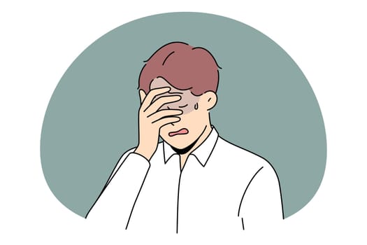 Grief crying and depression concept. Portrait of sad disappointed man touching his face with bad thoughts feeling depressed and unhappy vector illustration