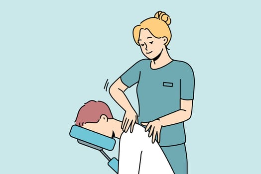 Female masseuse help patient with backache in clinic. Physiotherapist massage client in hospital. Healthcare and physiotherapy. Vector illustration.
