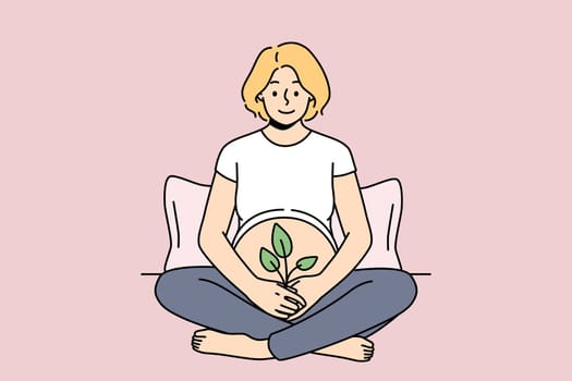 Smiling pregnant woman sit on bed hold green plant at belly. Happy future mother excited with motherhood. Concept of new life and fertility. Vector illustration.