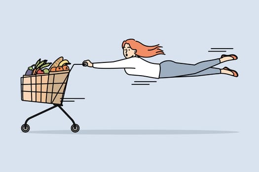 Woman pulled by shopping cart full of groceries. Frustrated female customer buying groceries in supermarket on sale or promotion. Vector illustration.
