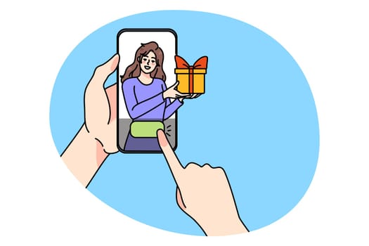 Person buy present online on cellphone using mobile application. People order gift on internet on smartphone. Concept of surprise on app or web. Delivery program. Vector illustration.