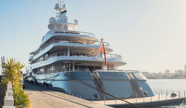 Malaga, Spain, April 2023: View on the Mayan Queen super Yacht built by Blohm and Voss. Moored in Malaga Marina