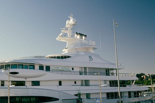 Malaga, Spain, April 2023: Closeup shot of the Mayan Queen super Yacht built by Blohm and Voss