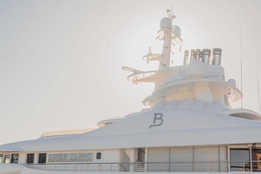 Malaga, Spain, April 2023: Closeup shot of the Mayan Queen super Yacht built by Blohm and Voss